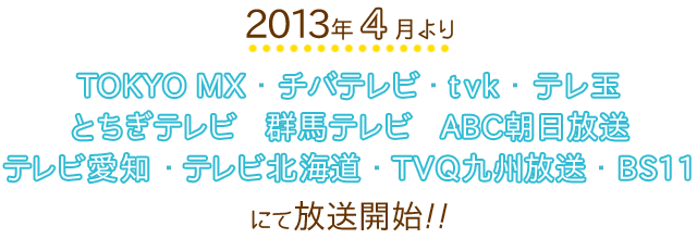 2013年4月よりTOKYO MX、チバテレビ、tvk、テレ玉、とちぎテレビ、群馬テレビ、
朝日放送、テレビ愛知、テレビ北海道、TVQ九州放送、BS11にて放送開始。